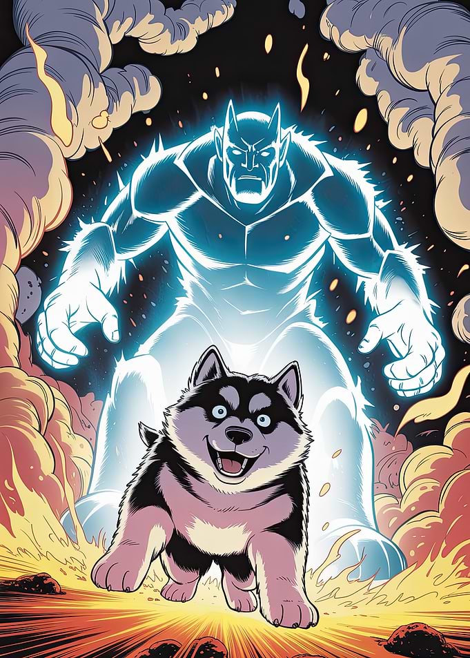 Cartoon Husky with Glowing Figure