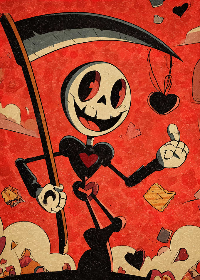 Cartoon Grim Reaper with Hearts