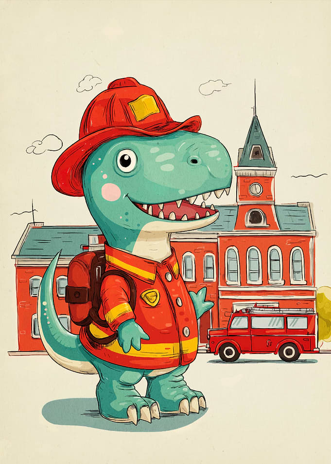 Cartoon Dinosaur Firefighter Illustration