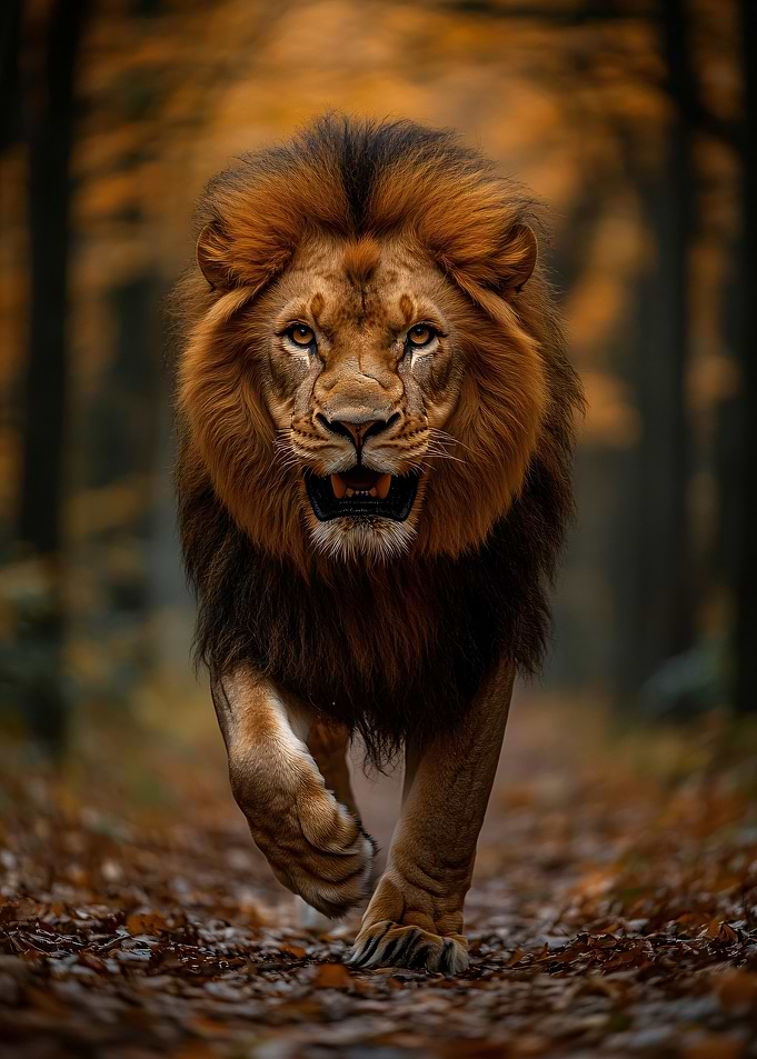 Majestic Lion Walking Through Autumn Forest