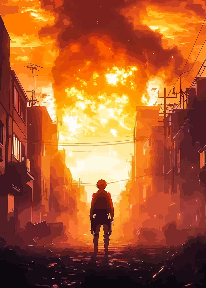 Game Character in Destroyed Cityscape