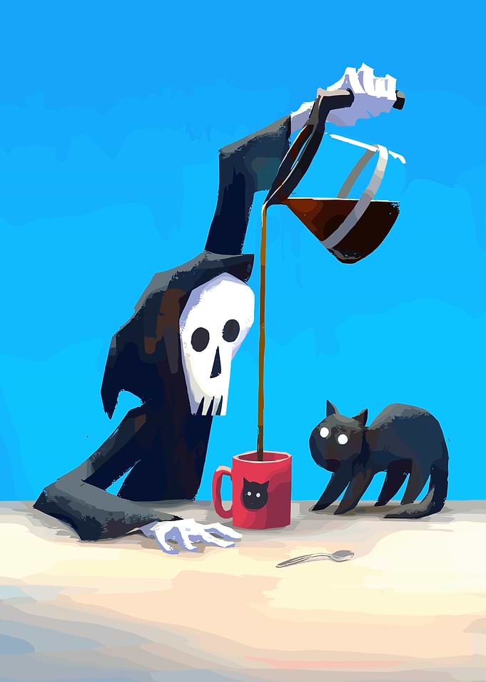 Death Pouring Coffee for Black Cat