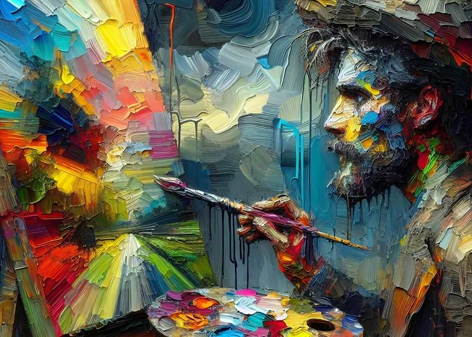 Painter at Work: Colorful Oil Painting