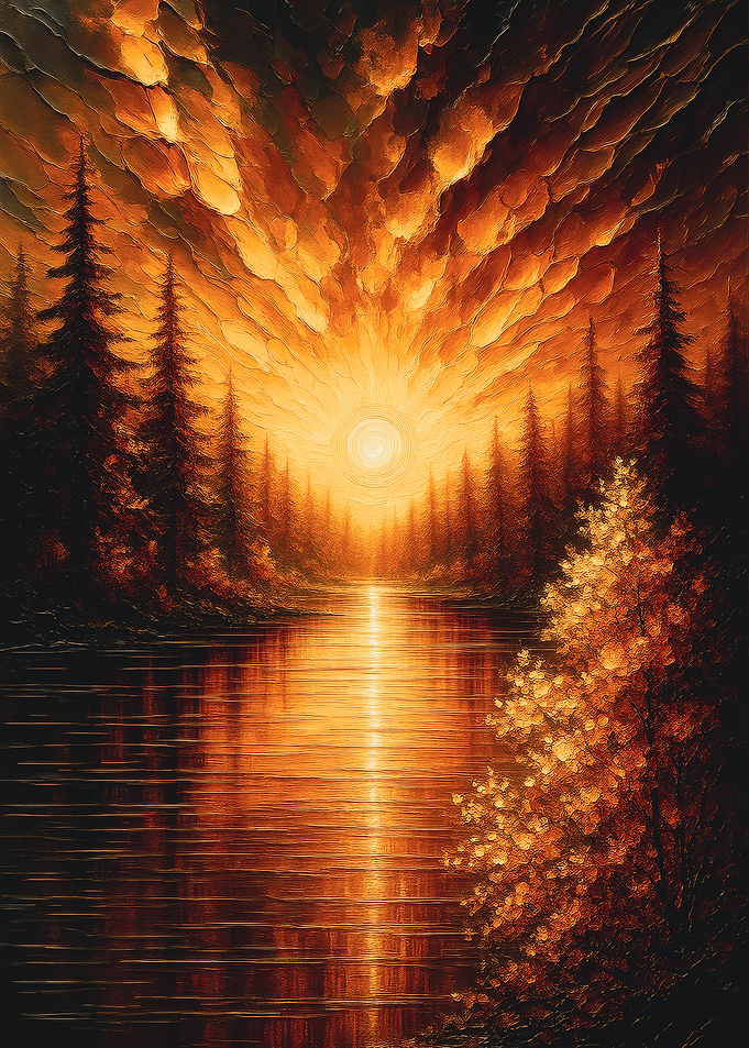 Golden Sunset Over Forest Lake