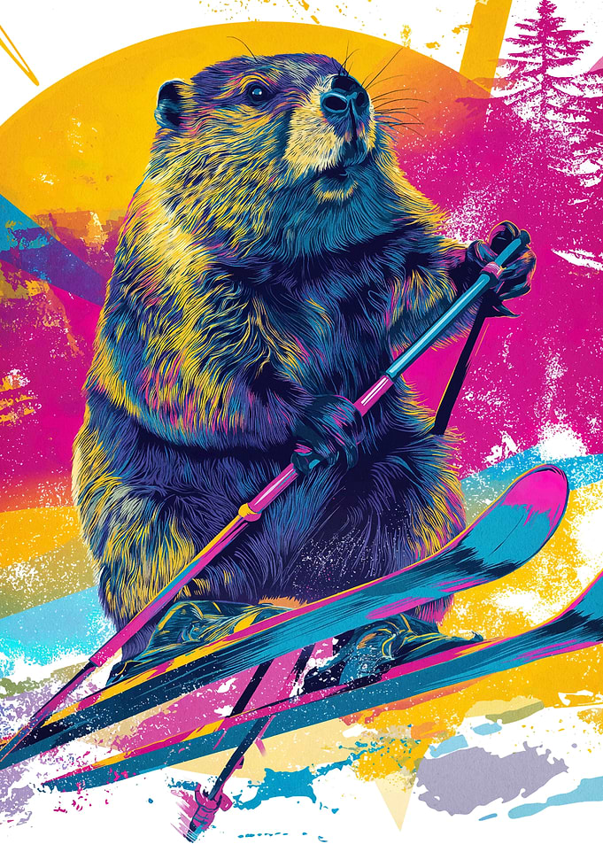 Colorful Beaver Skiing Illustration