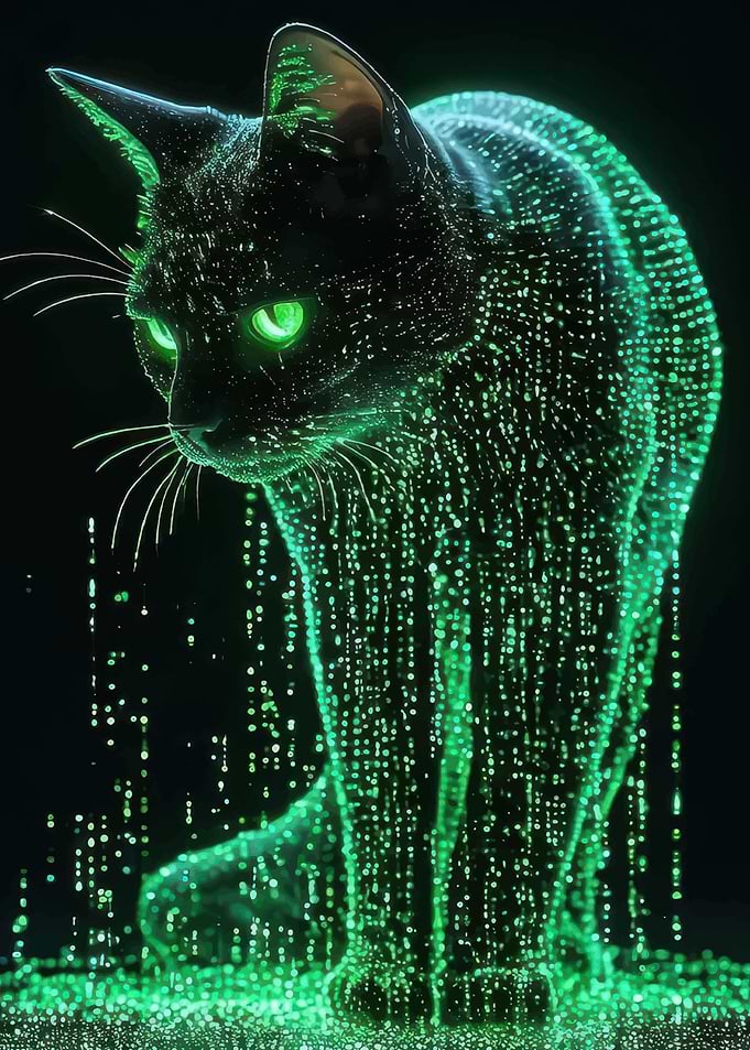 Cyberpunk Cat with Glowing Green Eyes