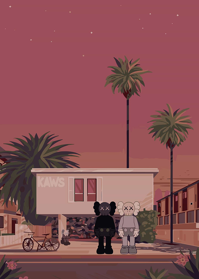 KAWS characters in a suburban setting