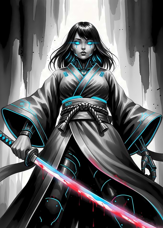 Cyberpunk Samurai Girl with Bloody Katana
