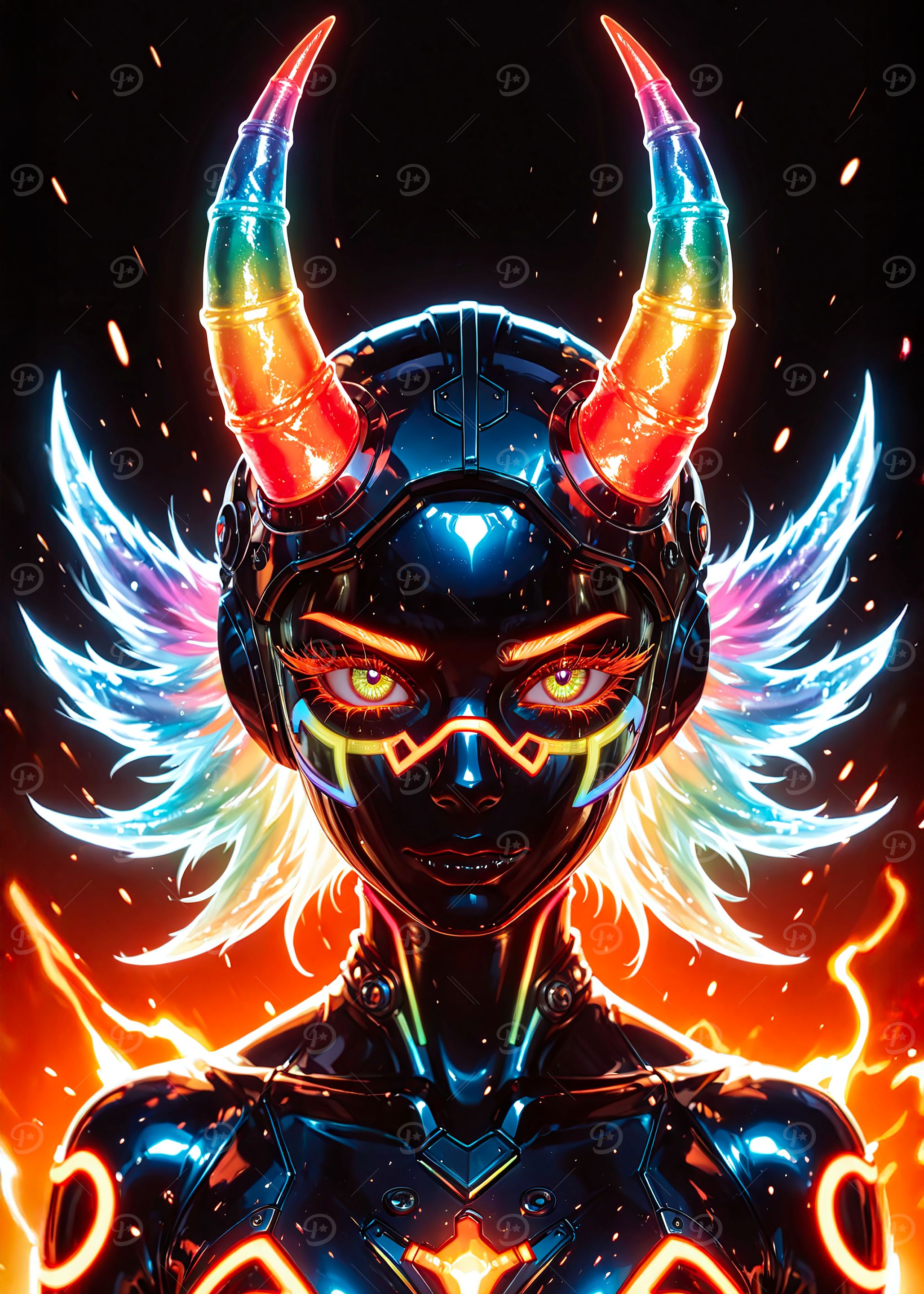 Cyberpunk Demon Girl with Rainbow Accents