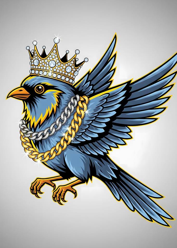 Cartoon Bird with Crown and Chains