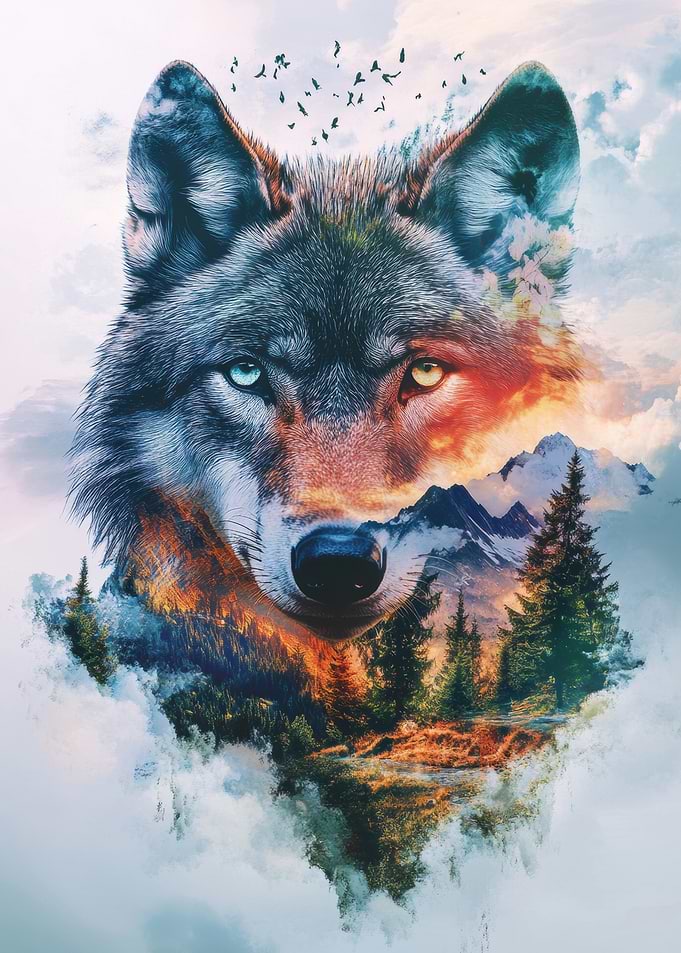 Wolf Double Exposure Landscape Art