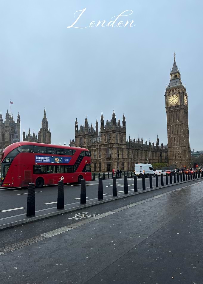 London cityscape with Big Ben and bus
