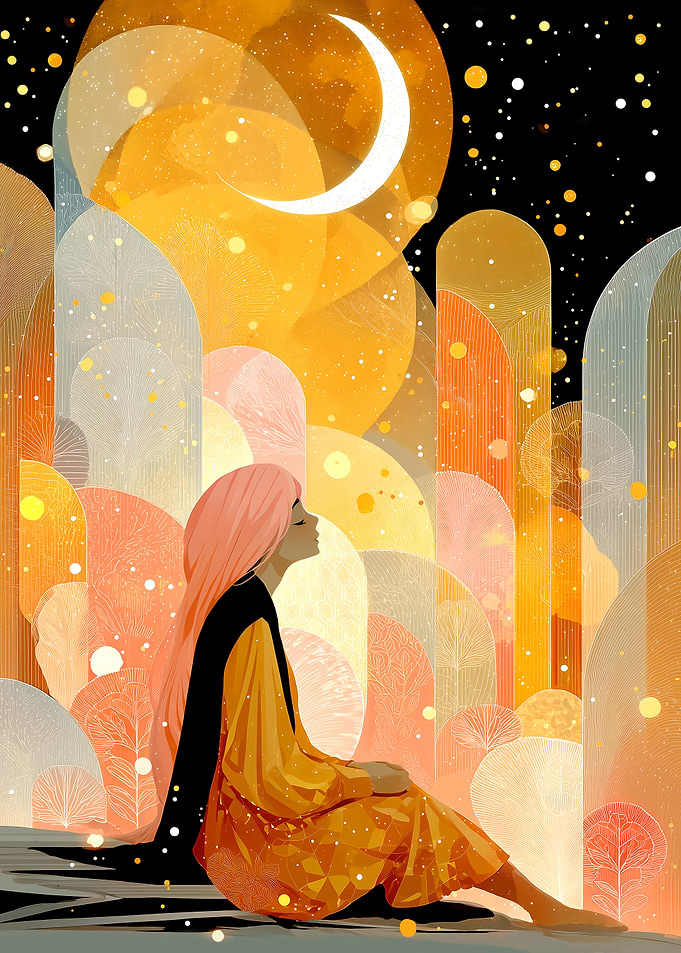 Fantasy Dreaming Girl Under Crescent Moon