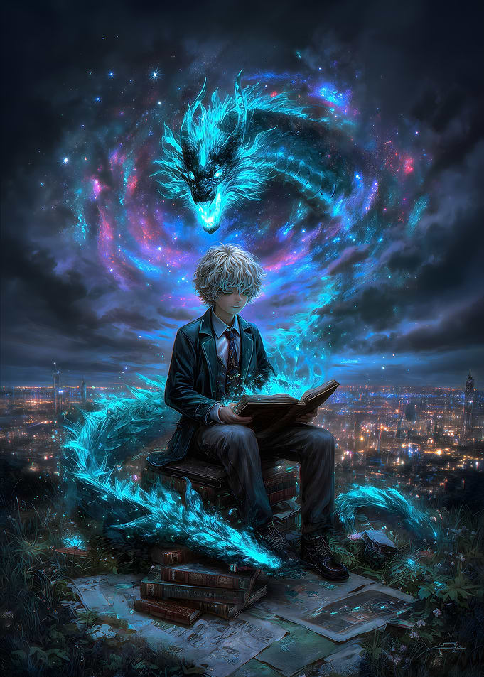 Boy Reading with Dragon Spirit
