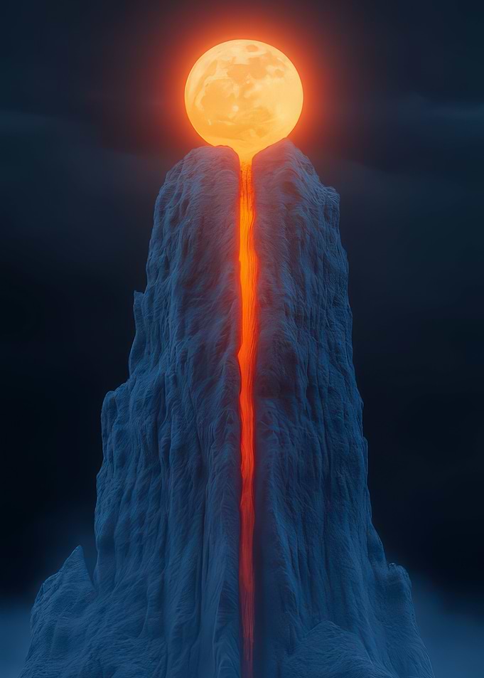 Glowing Moon over Mountain with Lava