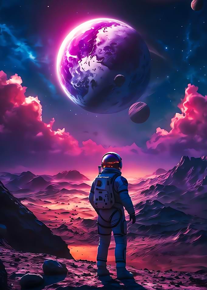 Astronaut on alien planet with purple sky