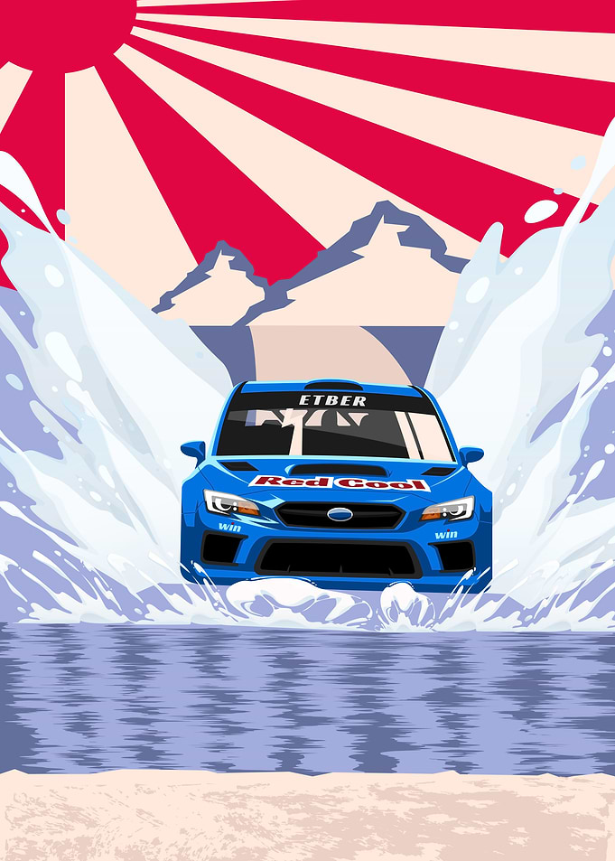 Blue Rally Car Water Splash Illustration