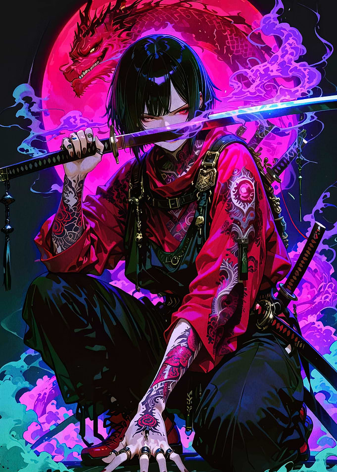 Tattooed Warrior with Dragon and Katana