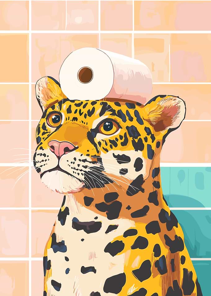 Leopard with Toilet Paper on Head