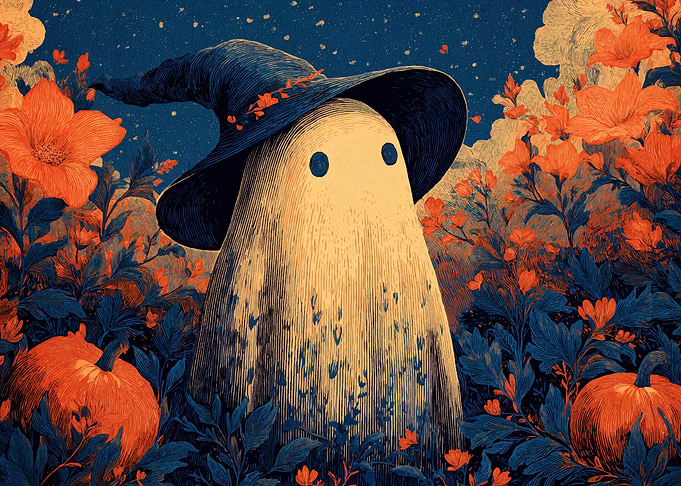 Floral Ghost with Witch Hat