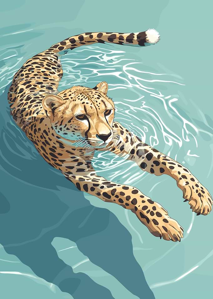 Cheetah Swimming in Water Illustration