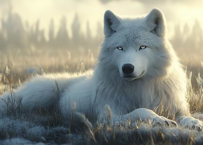 White Wolf Resting in Field
