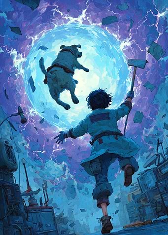 Dog and Boy in Sci-Fi Setting