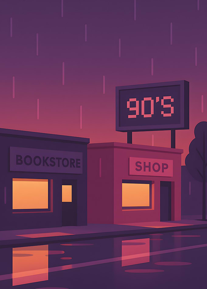 Rainy 90s Cityscape with Bookstore and Shop