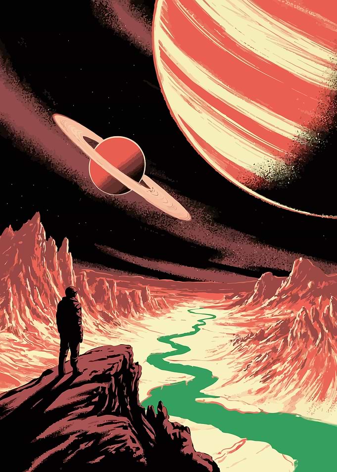 Man on alien planet with planets