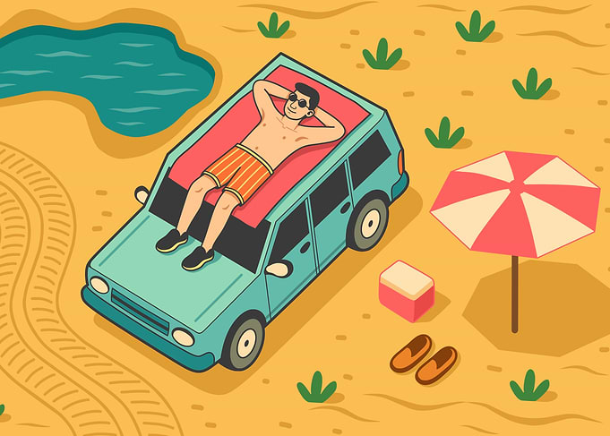 Man Relaxing on Car at Beach