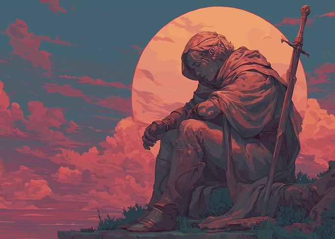Pensive Warrior with Sword at Sunset