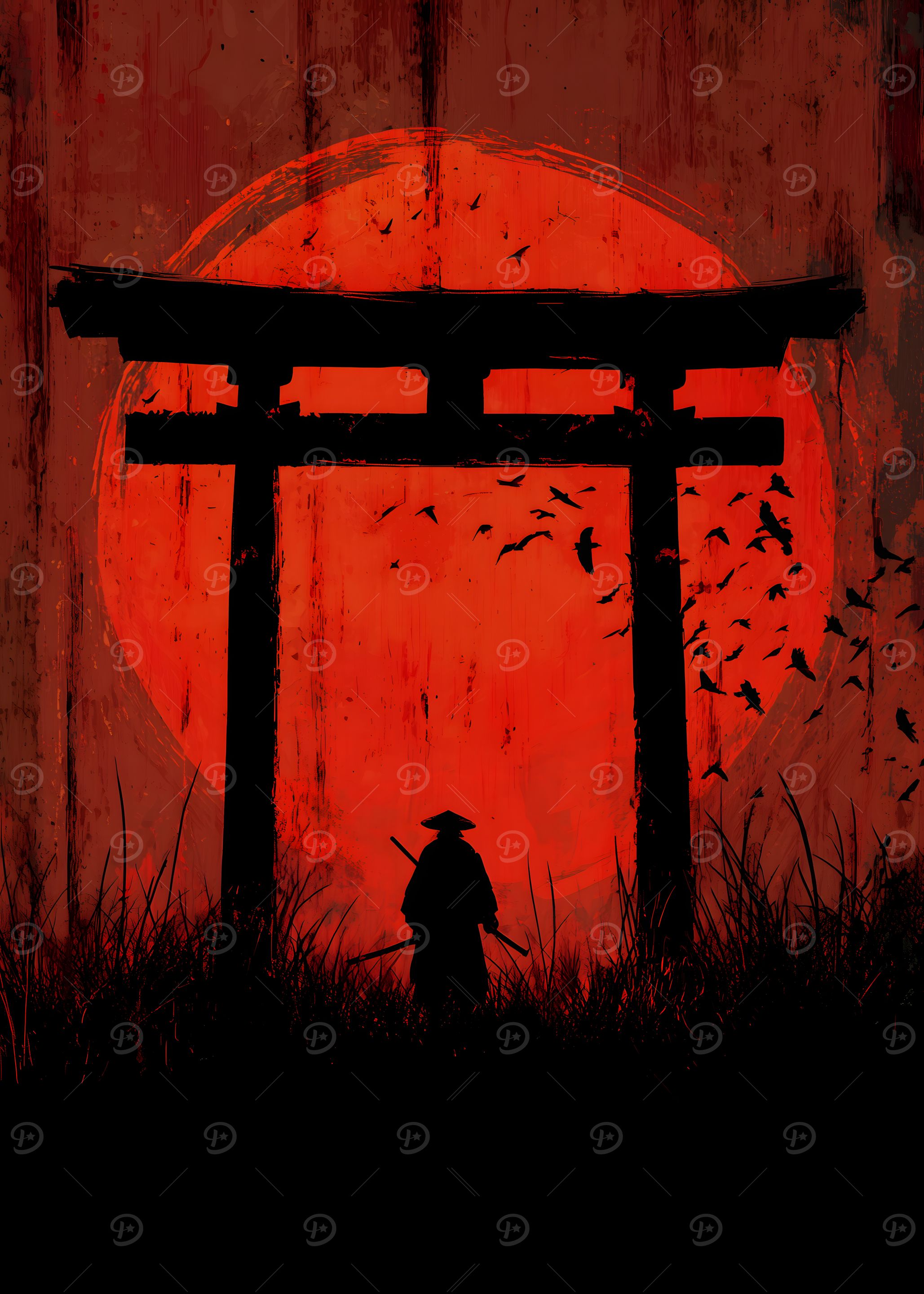 Samurai Silhouette with Torii Gate and Sun