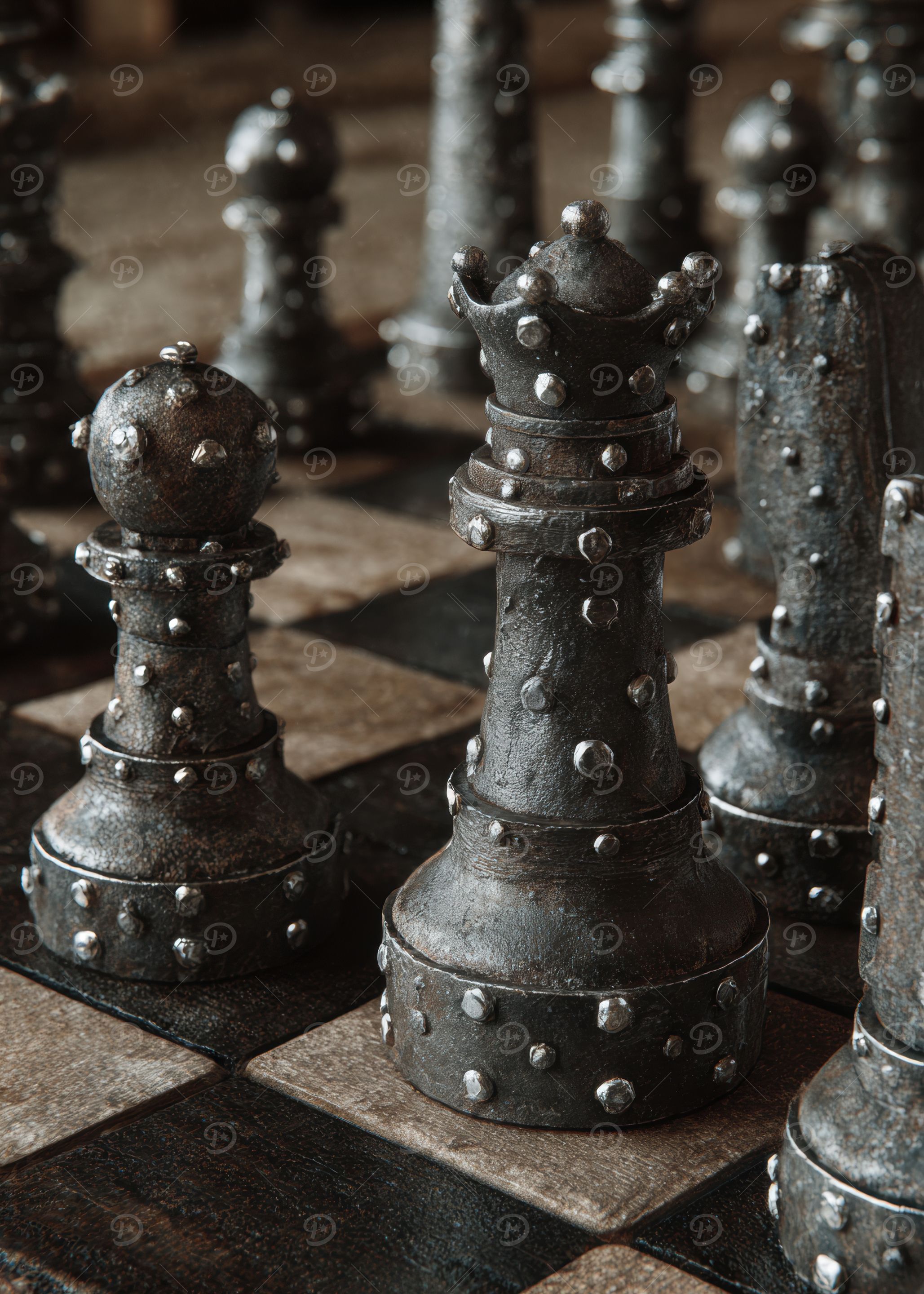 Metal Chess Pieces on Board