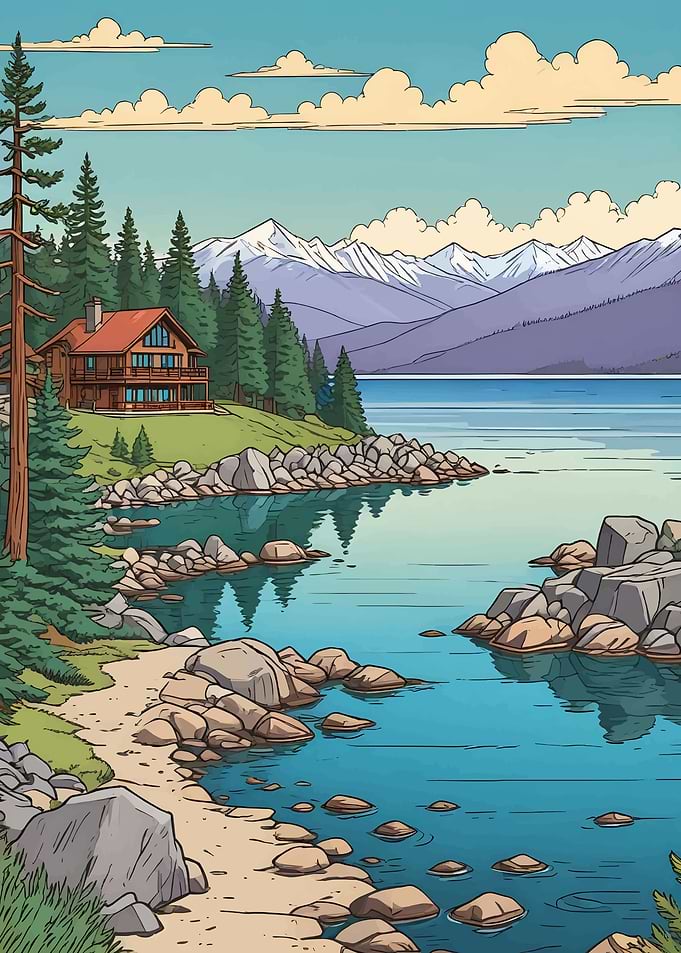 Lakeside Cabin Landscape Illustration