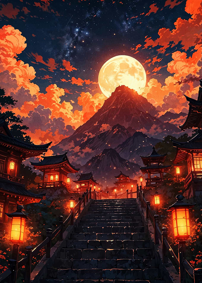 Japanese Temple Under Full Moon