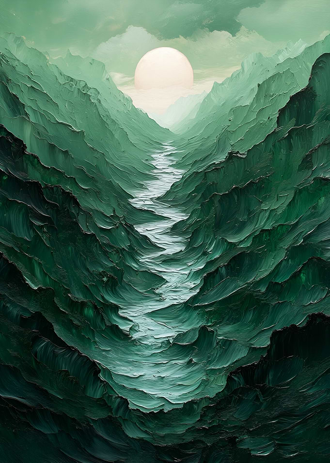 Green Mountain Valley with River and Sun
