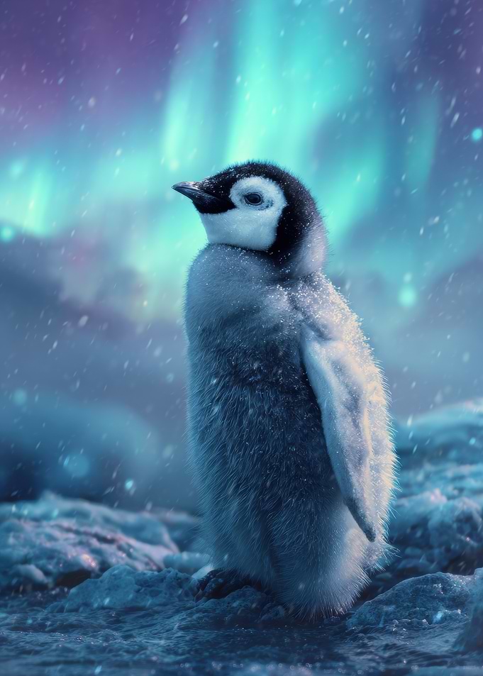 Penguin Chick Under Aurora Borealis