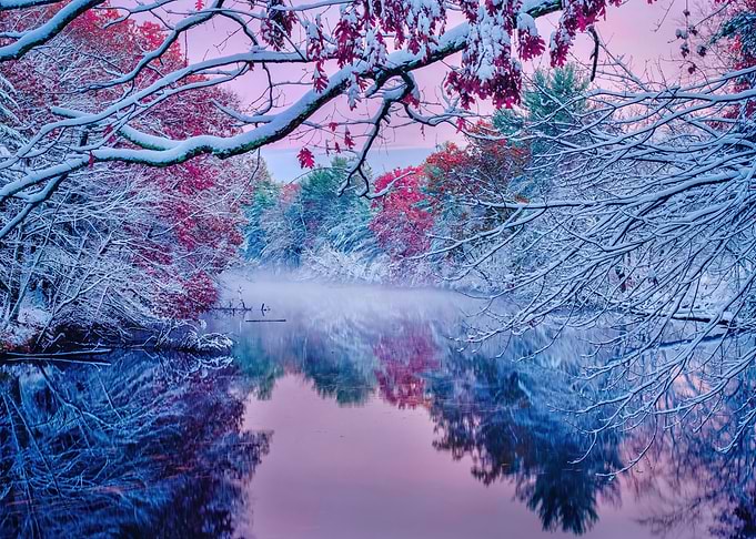 Winter River Landscape with Snow-Covered Trees