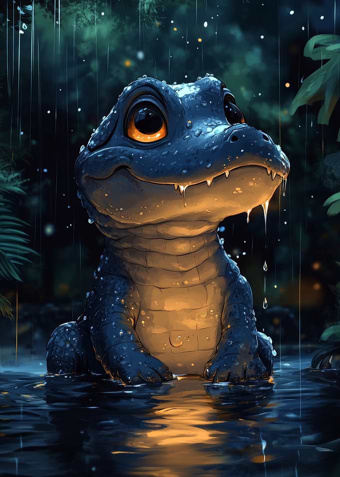 Cute Cartoon Crocodile in the Rain