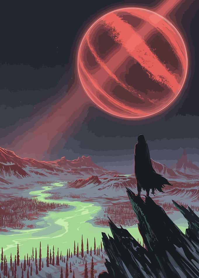Red Planet Landscape with Cloaked Figure