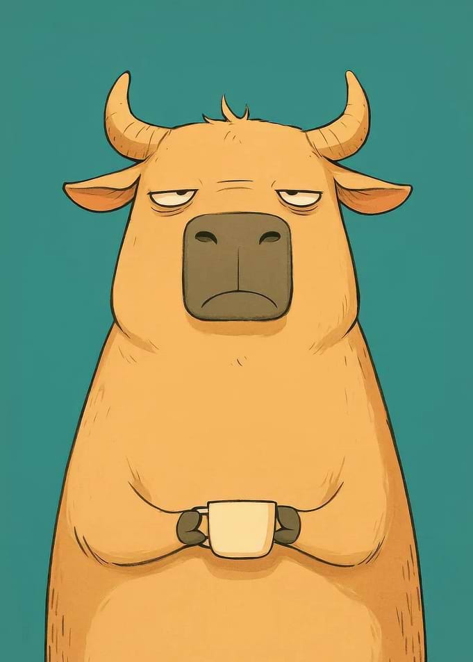 Grumpy Cartoon Bull with Coffee Cup