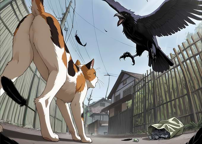 Cat versus Crow Battle