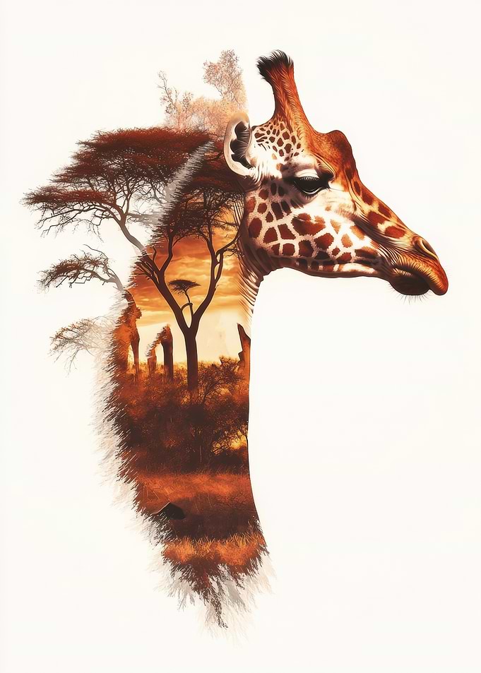Giraffe and Savannah Double Exposure Art