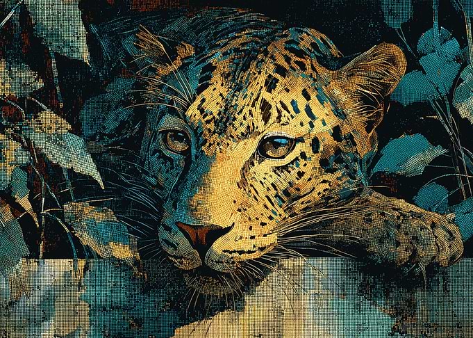 Leopard Portrait in Teal and Gold