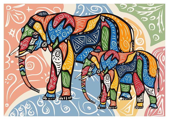 Colorful Elephants with Tribal Patterns