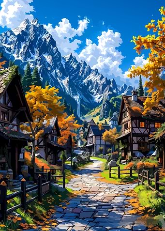 Autumn Village Mountain Landscape