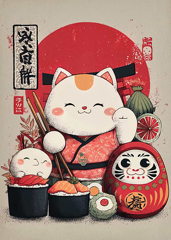 Maneki Neko with Sushi and Daruma