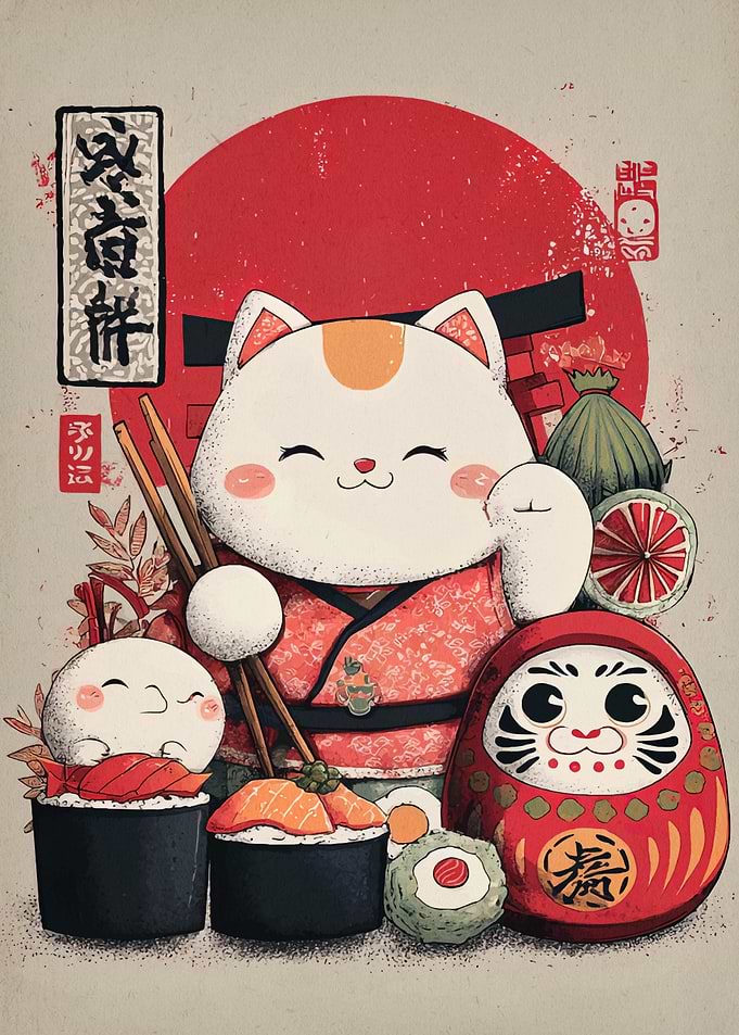 Maneki Neko with Sushi and Daruma