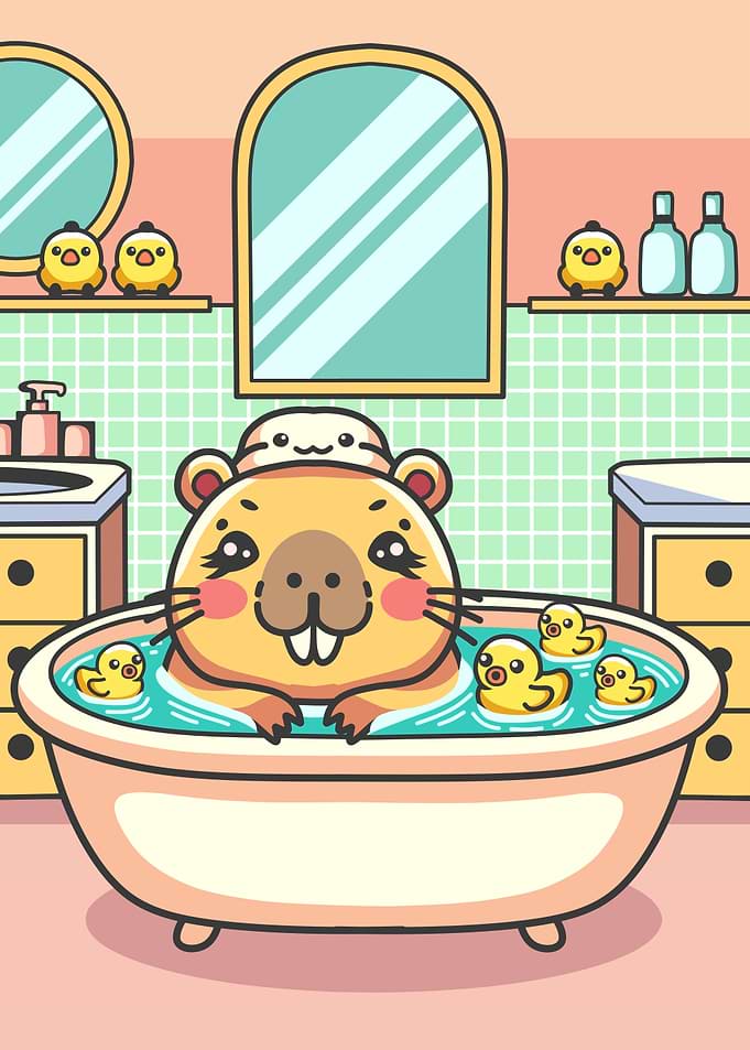 Capybara Bathing with Rubber Ducks