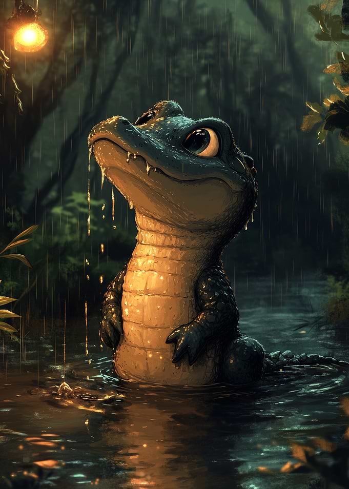 Cartoon Alligator in the Rain